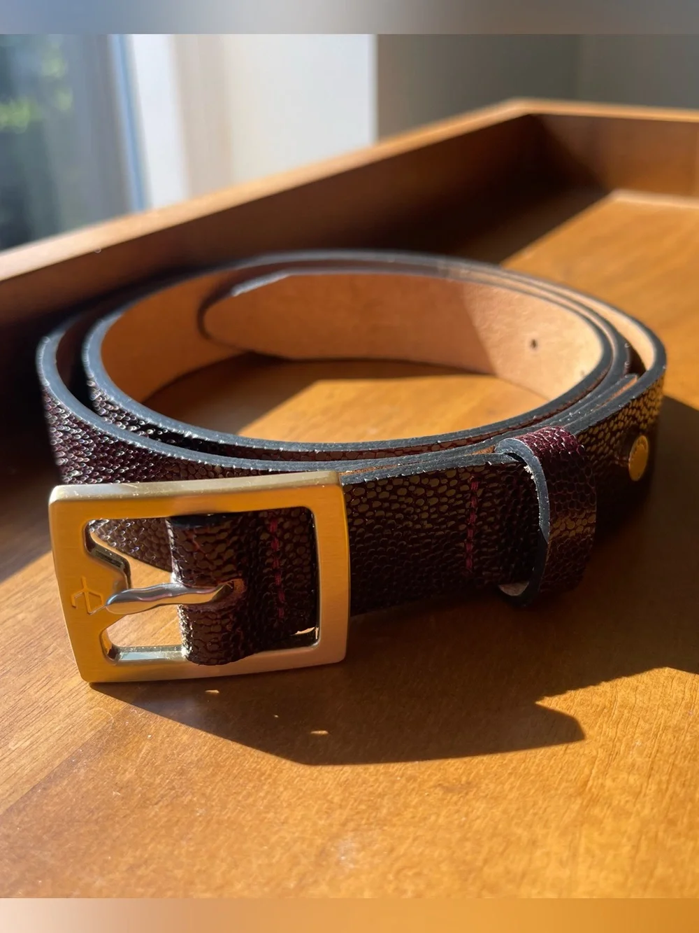 rag & bone Baby Boyfriend 2.0 Burgundy Textured Leather belt, two-tone buckle.
